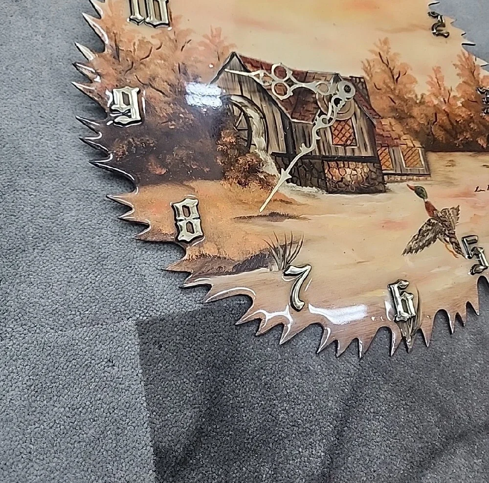 Vintage Hand-Painted Rustic Landscape Saw Blade Wall Clock - Orange Brown